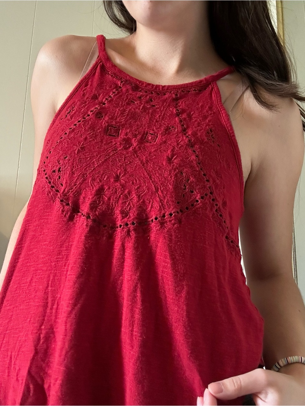 Eyeshadow Medium Red Crochet Yoke Halter Camisole